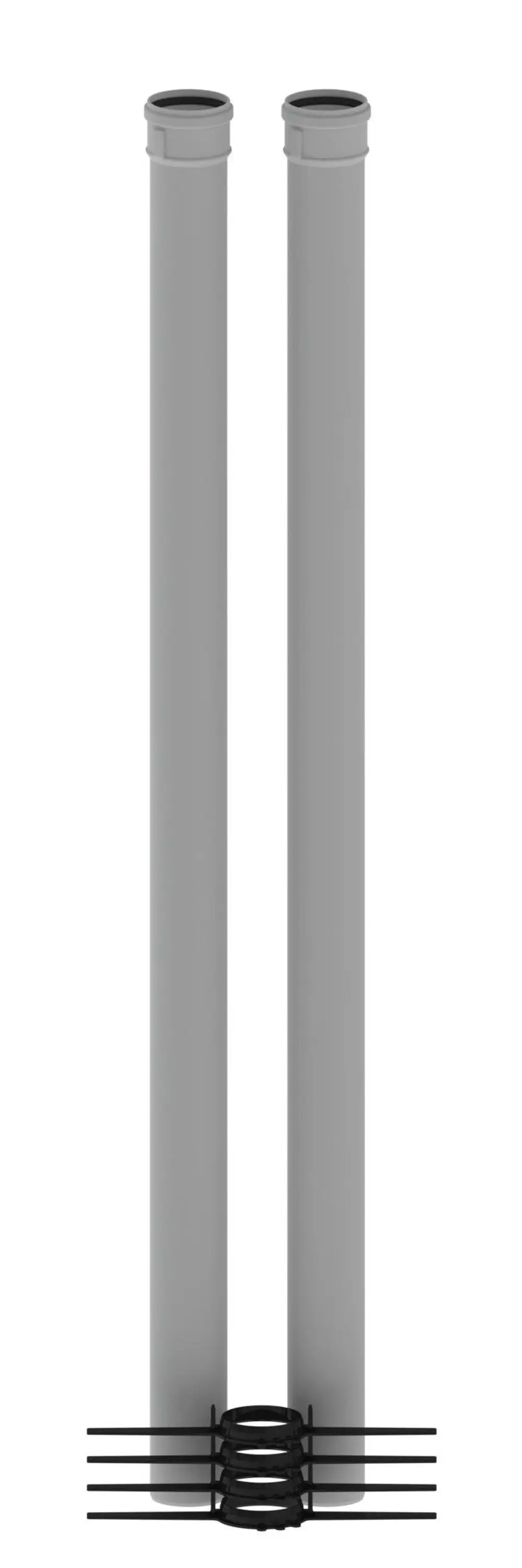Zwei graue Abgasrohre mit gerader Bauform, nebeneinander stehend, Halterung in Schwarz unten, für Remeha-Anwendungen geeignet.